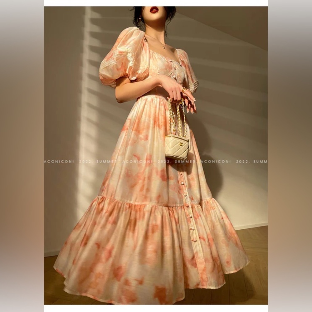 Peach Watercolor Puff-Sleeve Maxi Dress